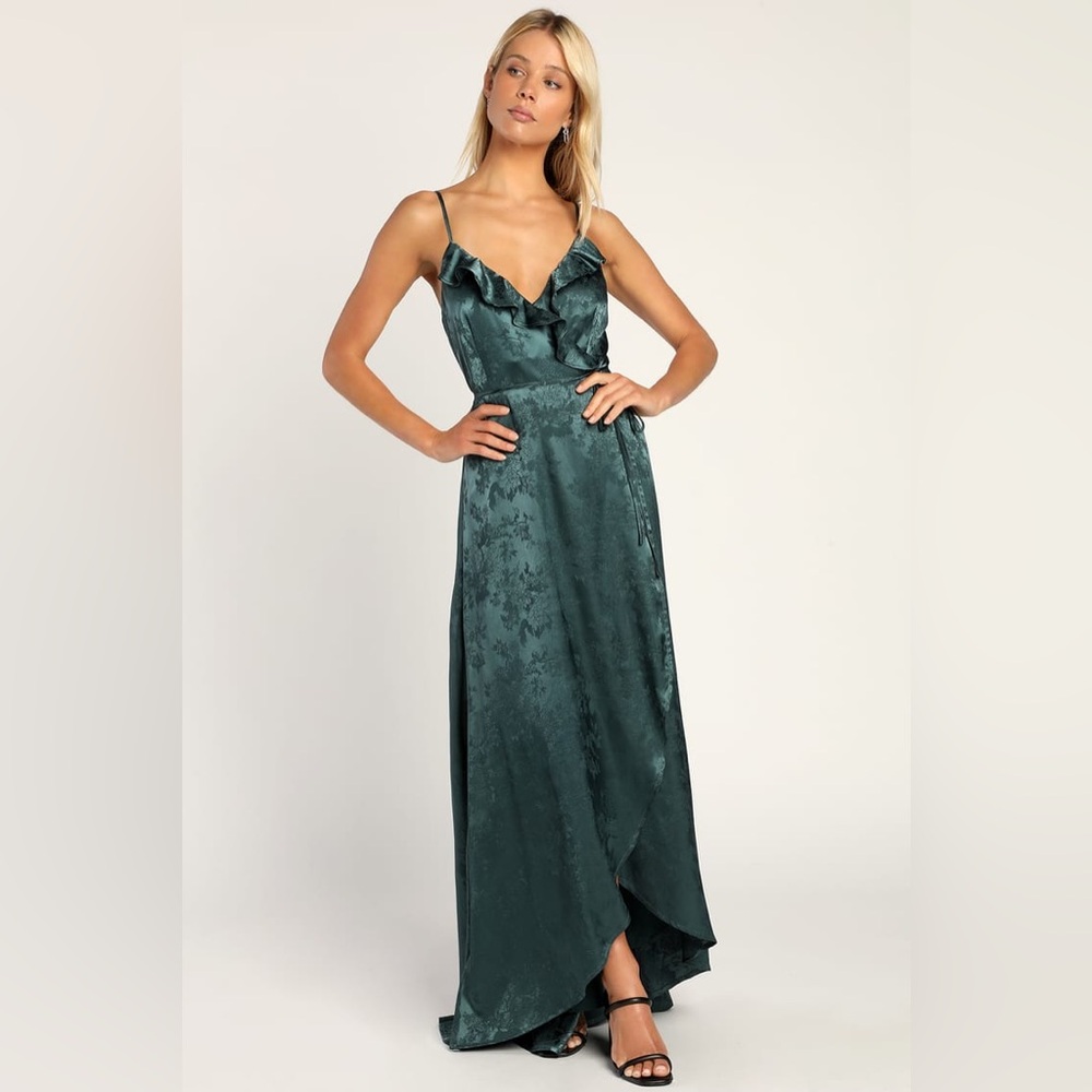 Lulus Got the Glamour Emerald Green Satin Jacquard Maxi Wrap Dress